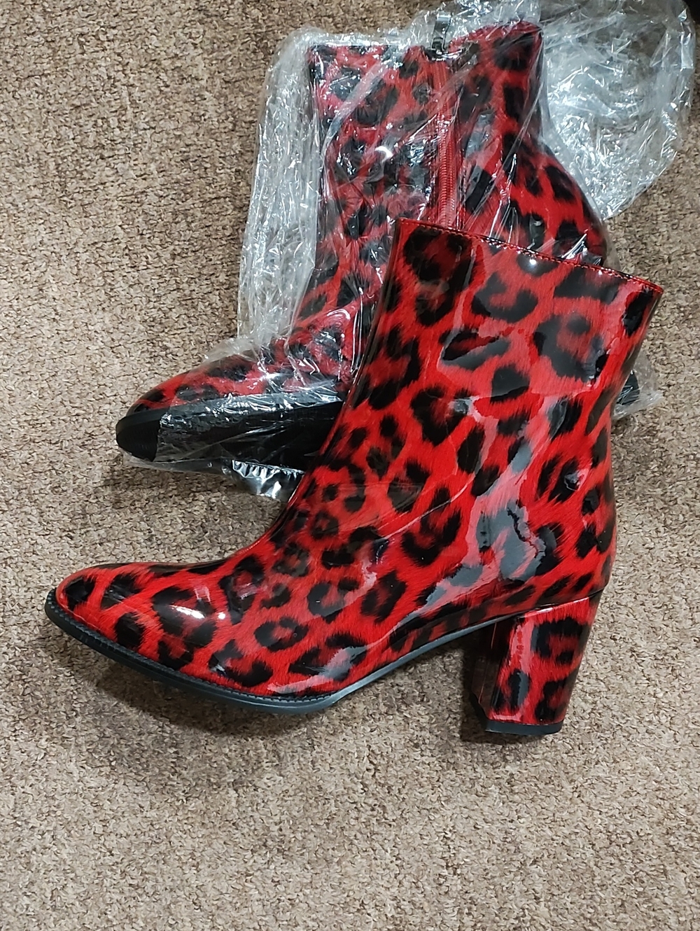 Red Leopard Patent Ankle Boots with Block Heel